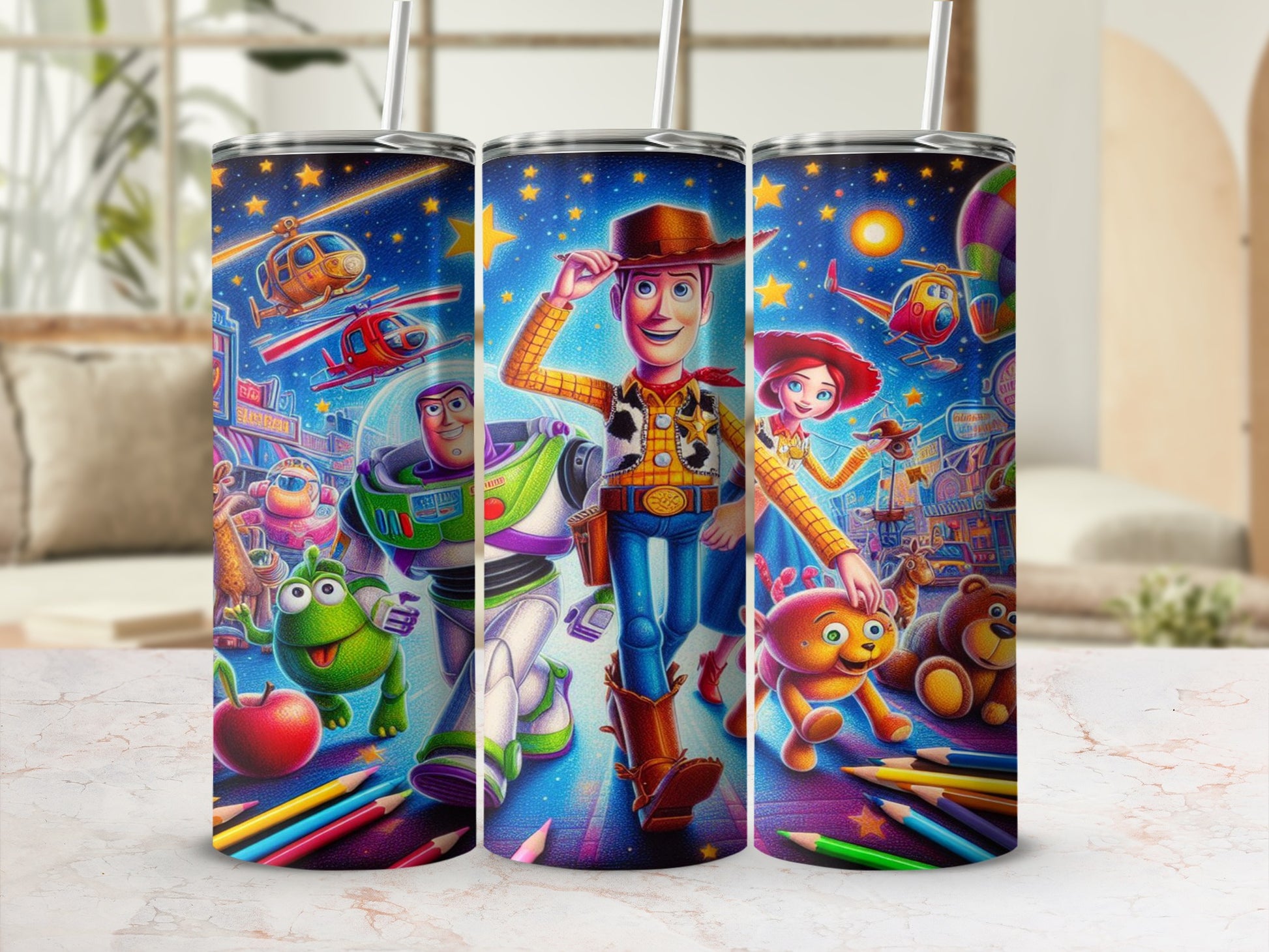 Toy Story characters Woody, Buzz Lightyear, and others with colorful pencils and stars.