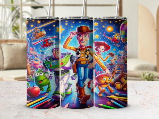 Toy Story characters Woody, Buzz Lightyear, and others with colorful pencils and stars.