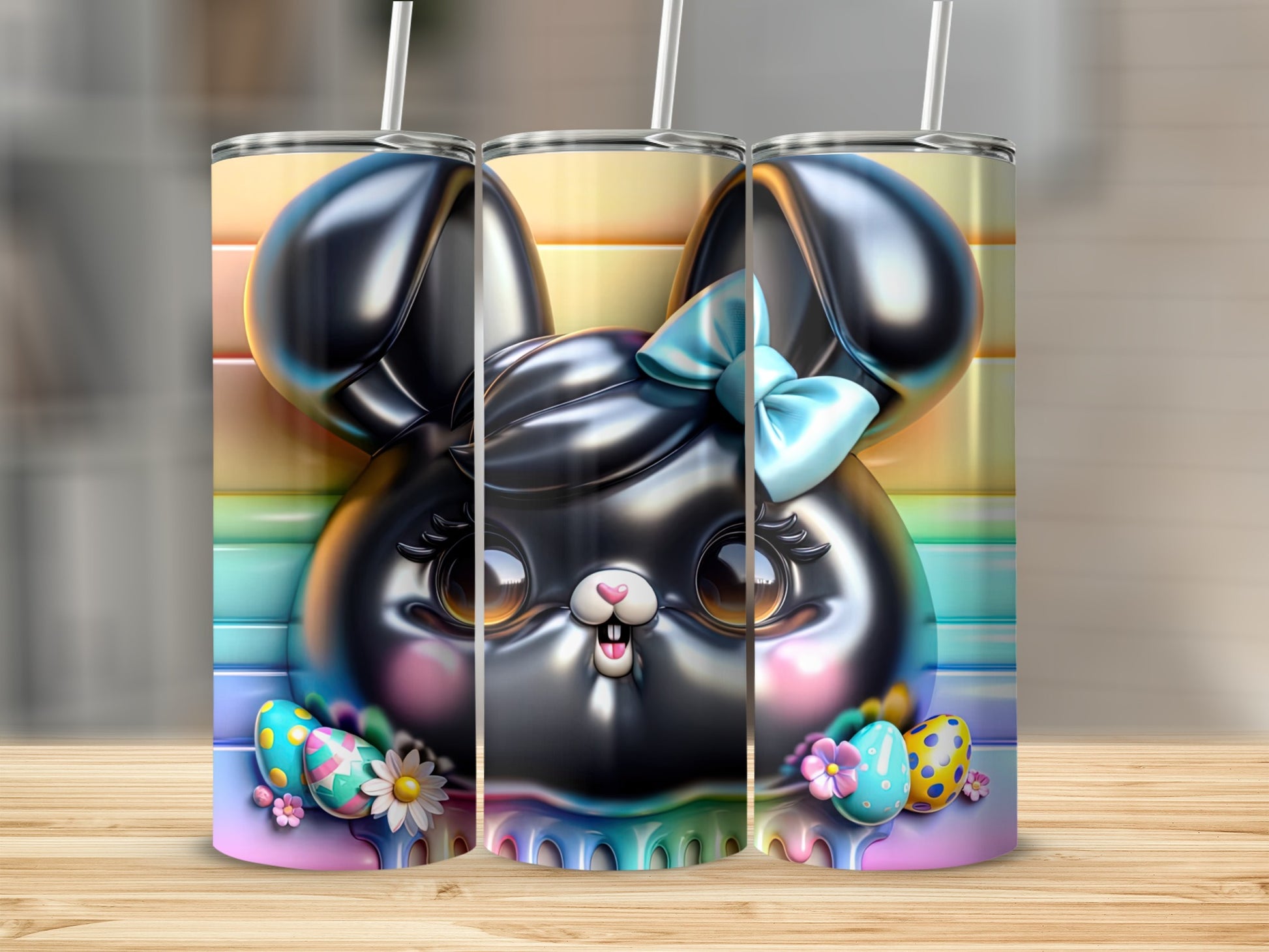 3D bunny tumbler with Easter eggs and flowers.
