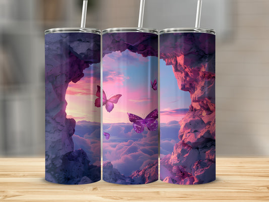 Three tumblers featuring purple butterflies against a pink cloud sky.
