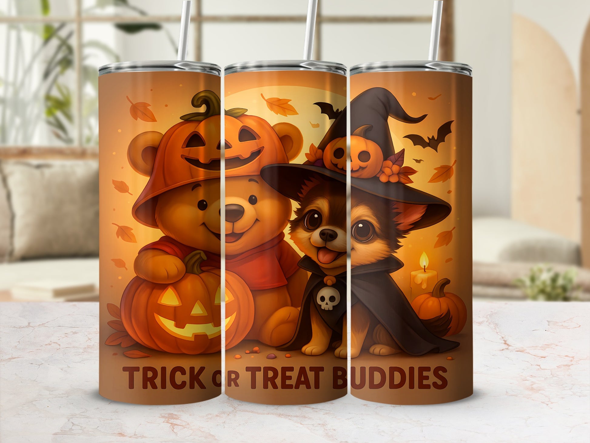 Halloween tumbler with teddy bear in pumpkin costume and dog in witch costume.