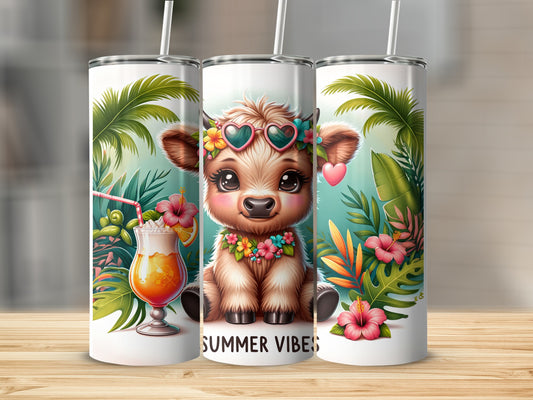 Cute cartoon cow wearing heart sunglasses with tropical foliage and cocktail.
