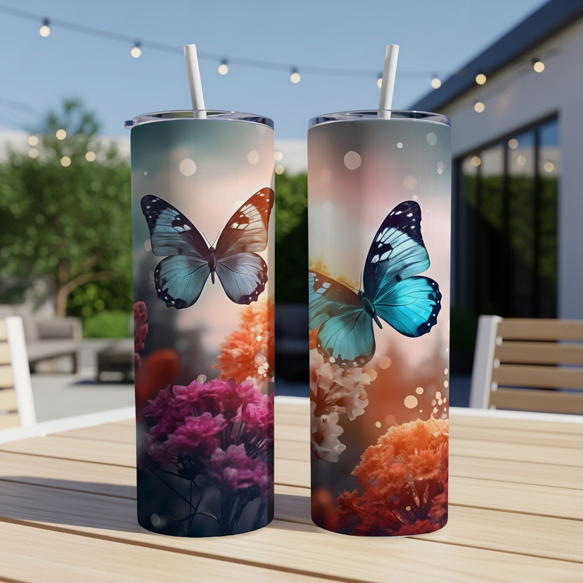 Two tumblers with blue butterflies and floral designs on a table.