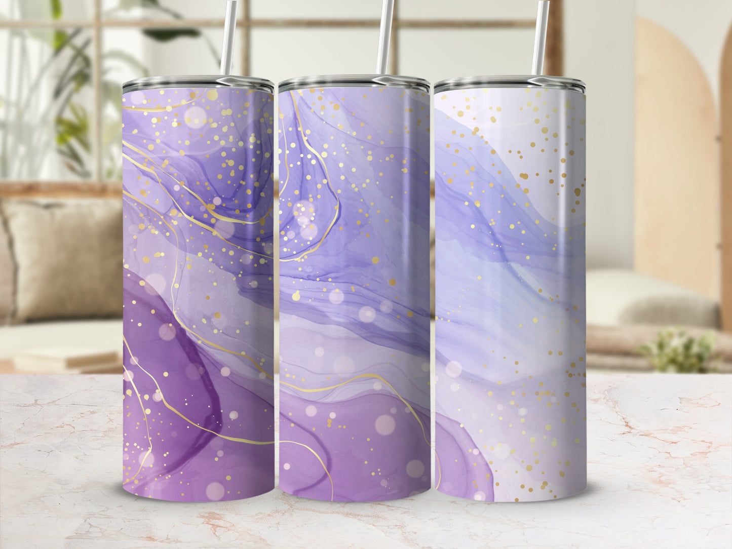 Three tumblers with purple marble and gold glitter design.