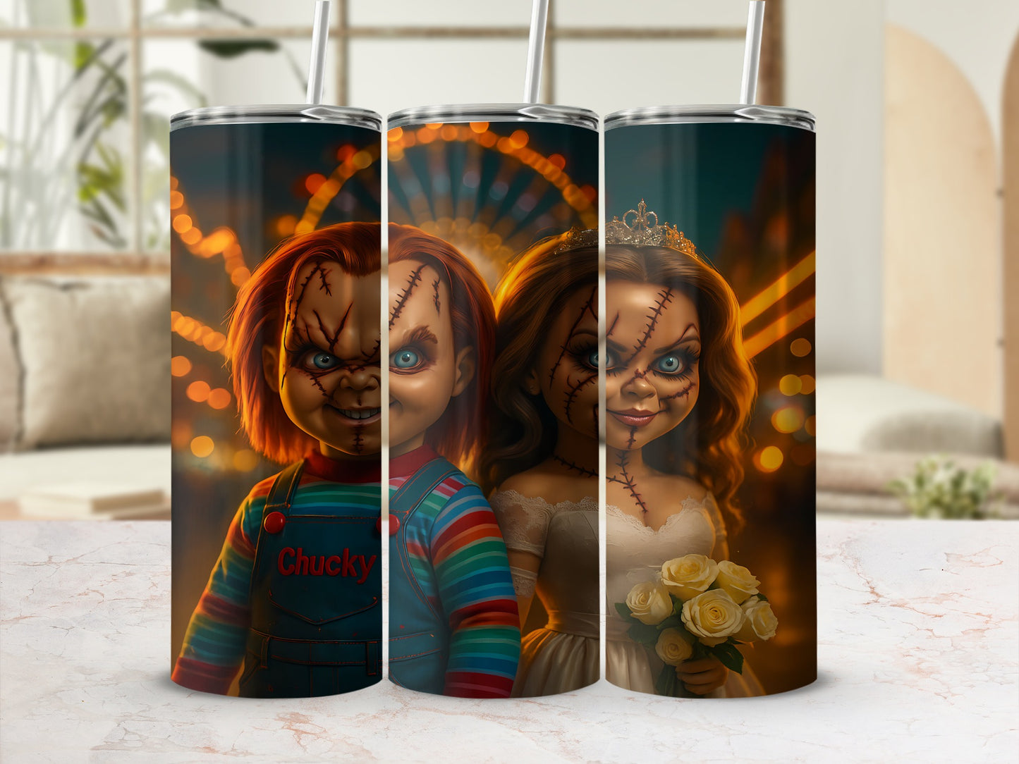 Chucky and Tiffany dolls on tumblers with bokeh lights background