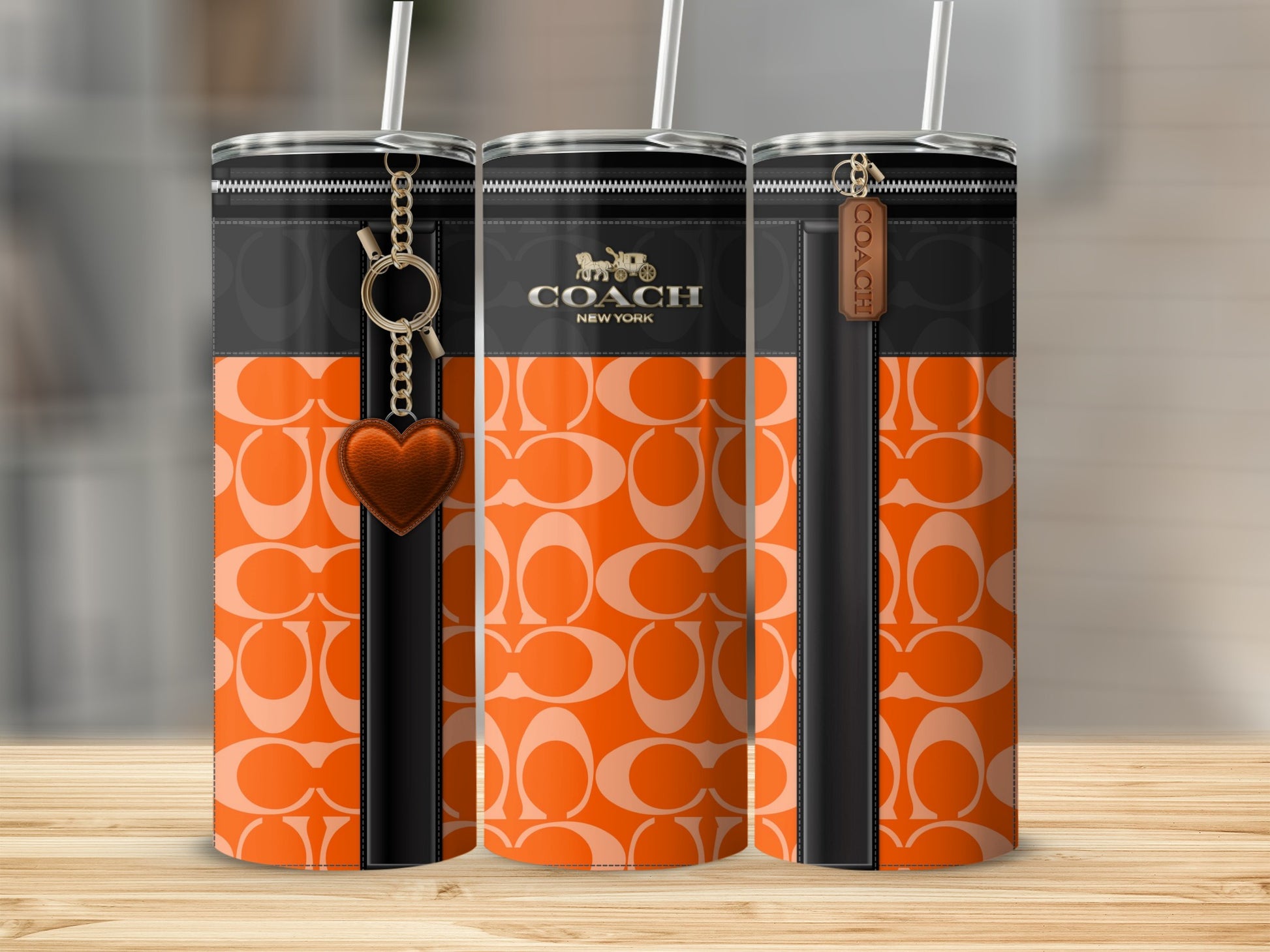 Coach New York Orange Pattern with Black Zipper Tumbler