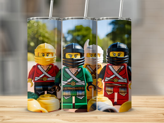 Three Lego Ninjago characters in red, green, and black outfits with yellow helmets.