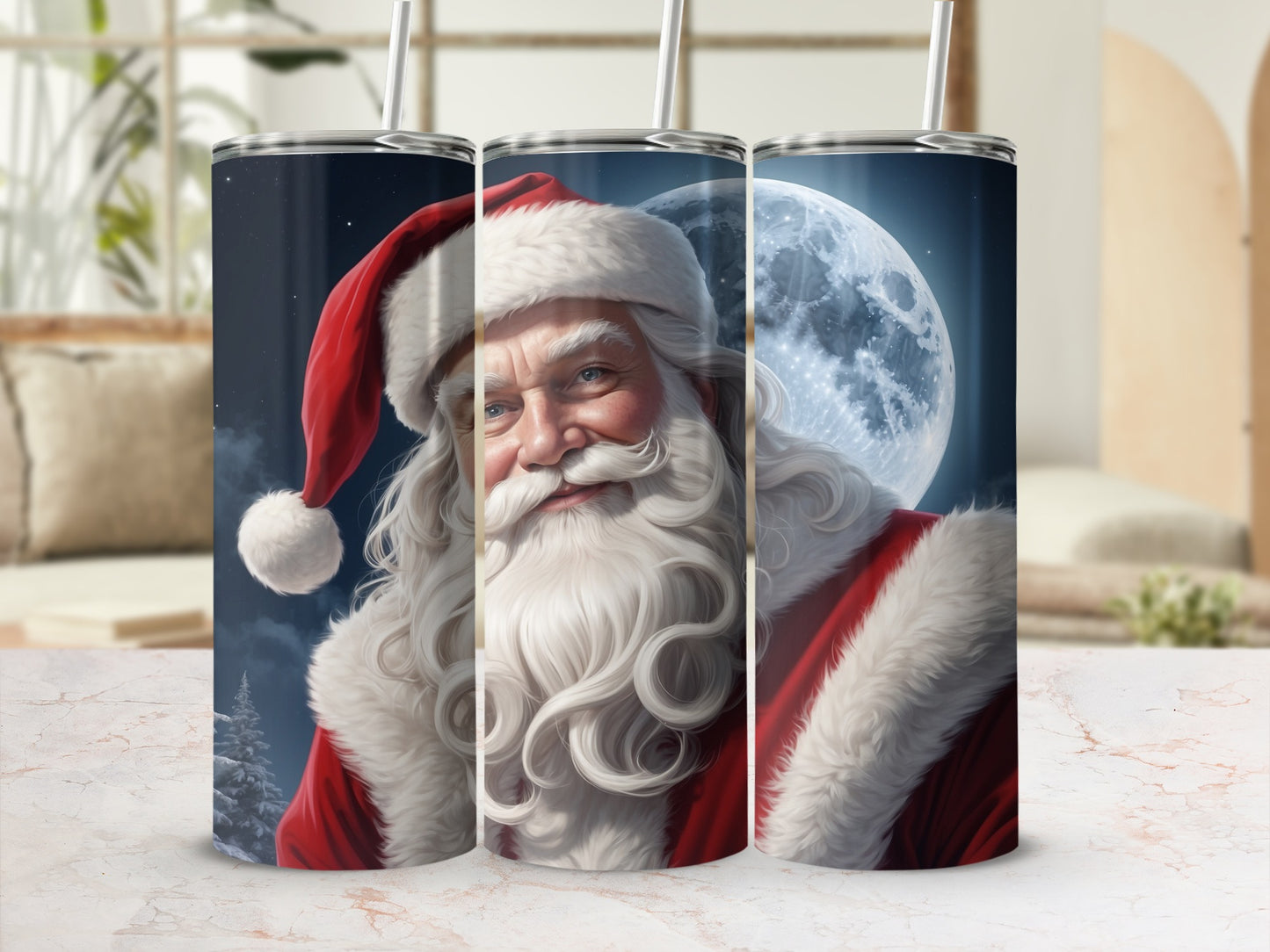 Santa Claus portrait with full moon and snowy trees.
