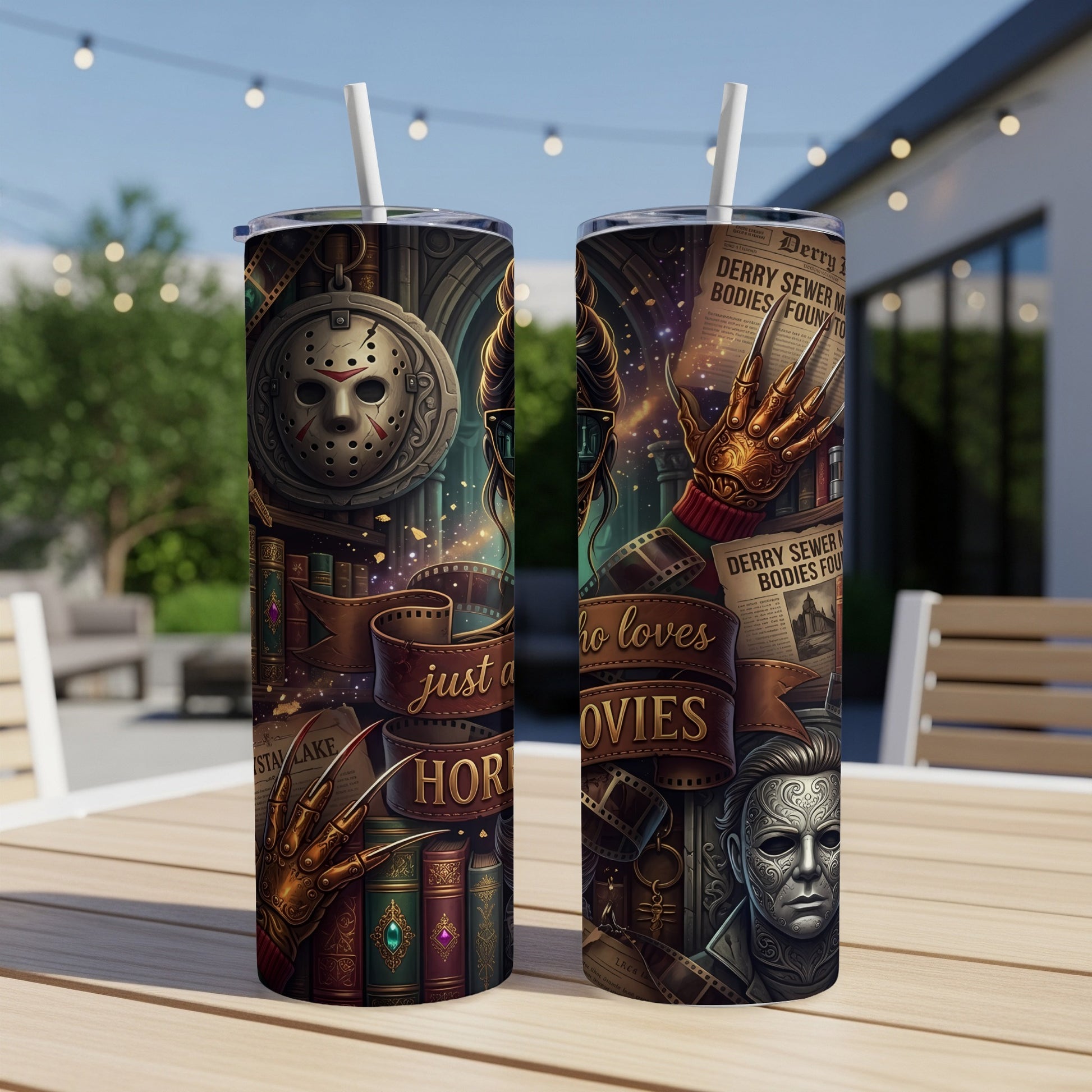 Tumblers featuring horror movie icons, movie reels, and text like "just a horror movies."