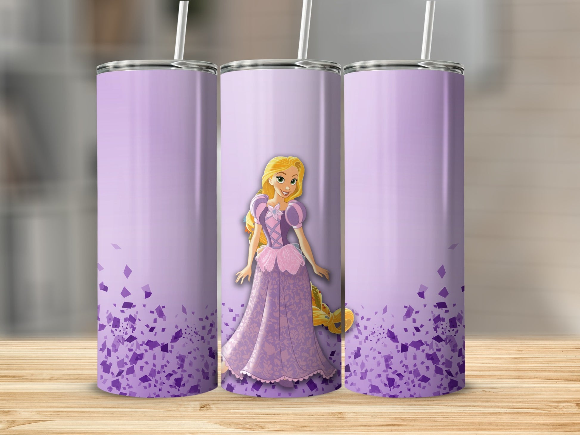 Purple Floral Pattern Tumbler with Cartoon Character Design