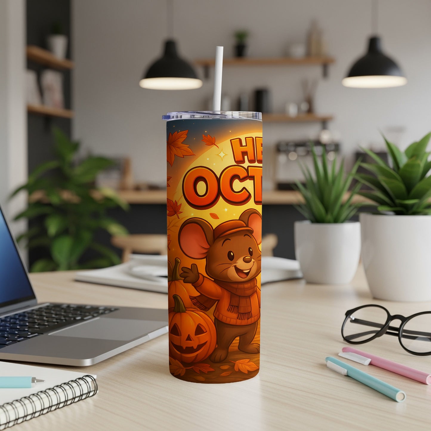 Tumbler with cartoon mouse, pumpkin, and "Hello October" text.