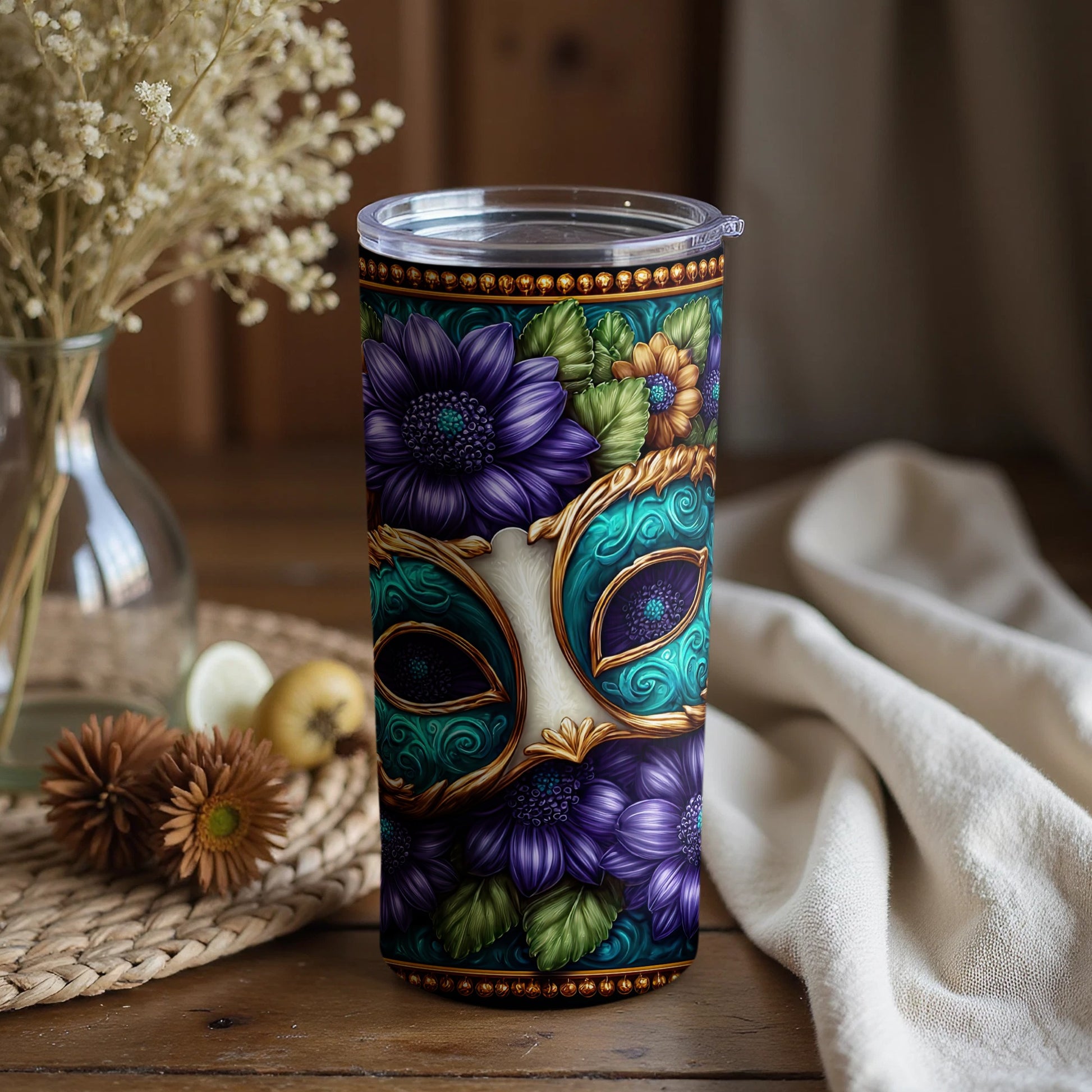 Colorful Mask and Floral Design Tumbler