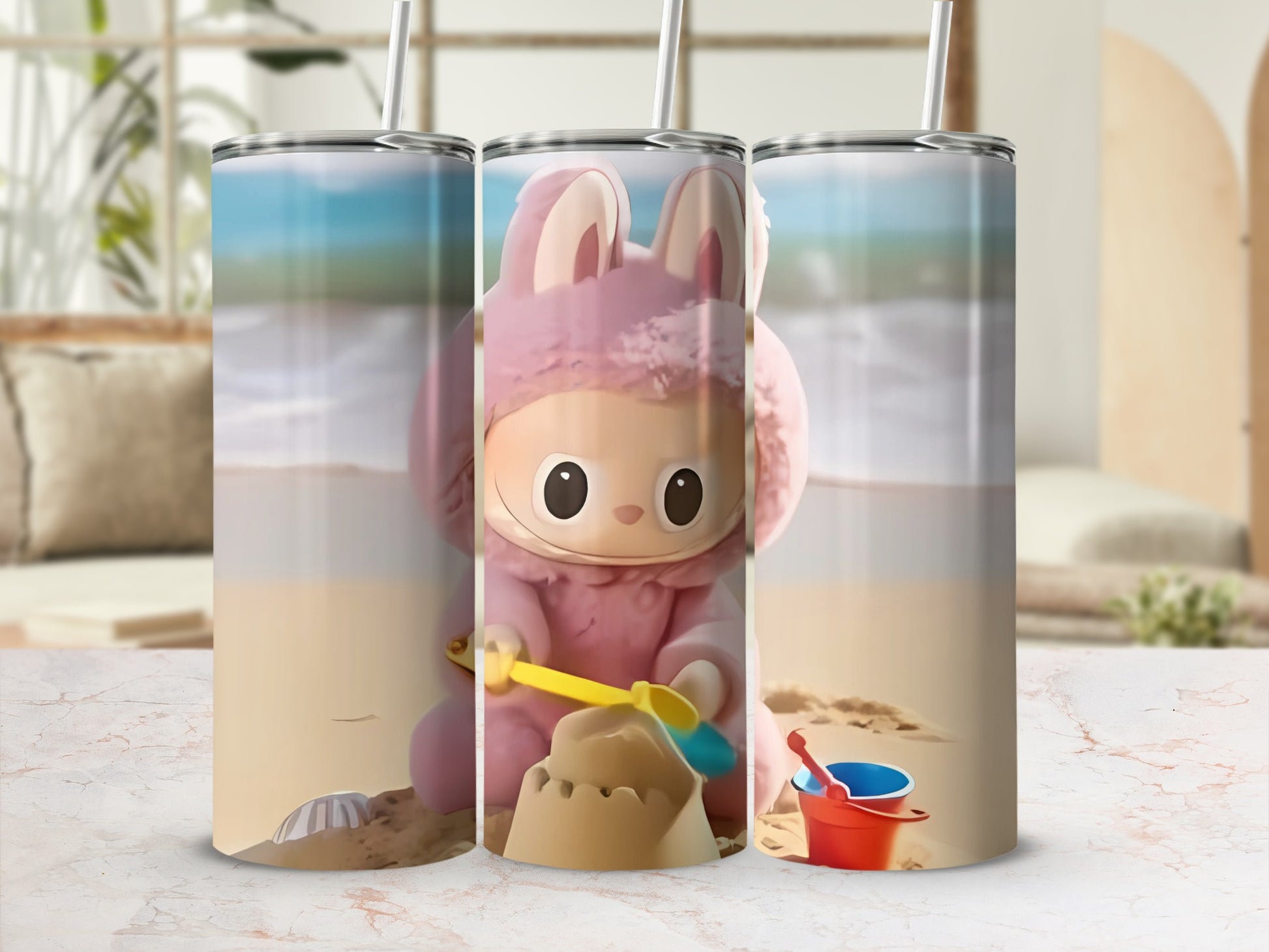 Cute Bunny Character Beach Scene Tumbler Drinkware