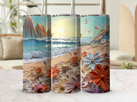 Three tumblers featuring a beach scene with waves, flowers, and birds.
