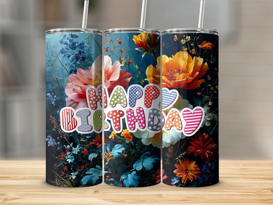 Three tumblers with a "Happy Birthday" message surrounded by colorful flowers.