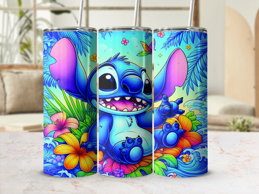 Blue Stitch character surrounded by colorful tropical flowers and waves on a tumbler.