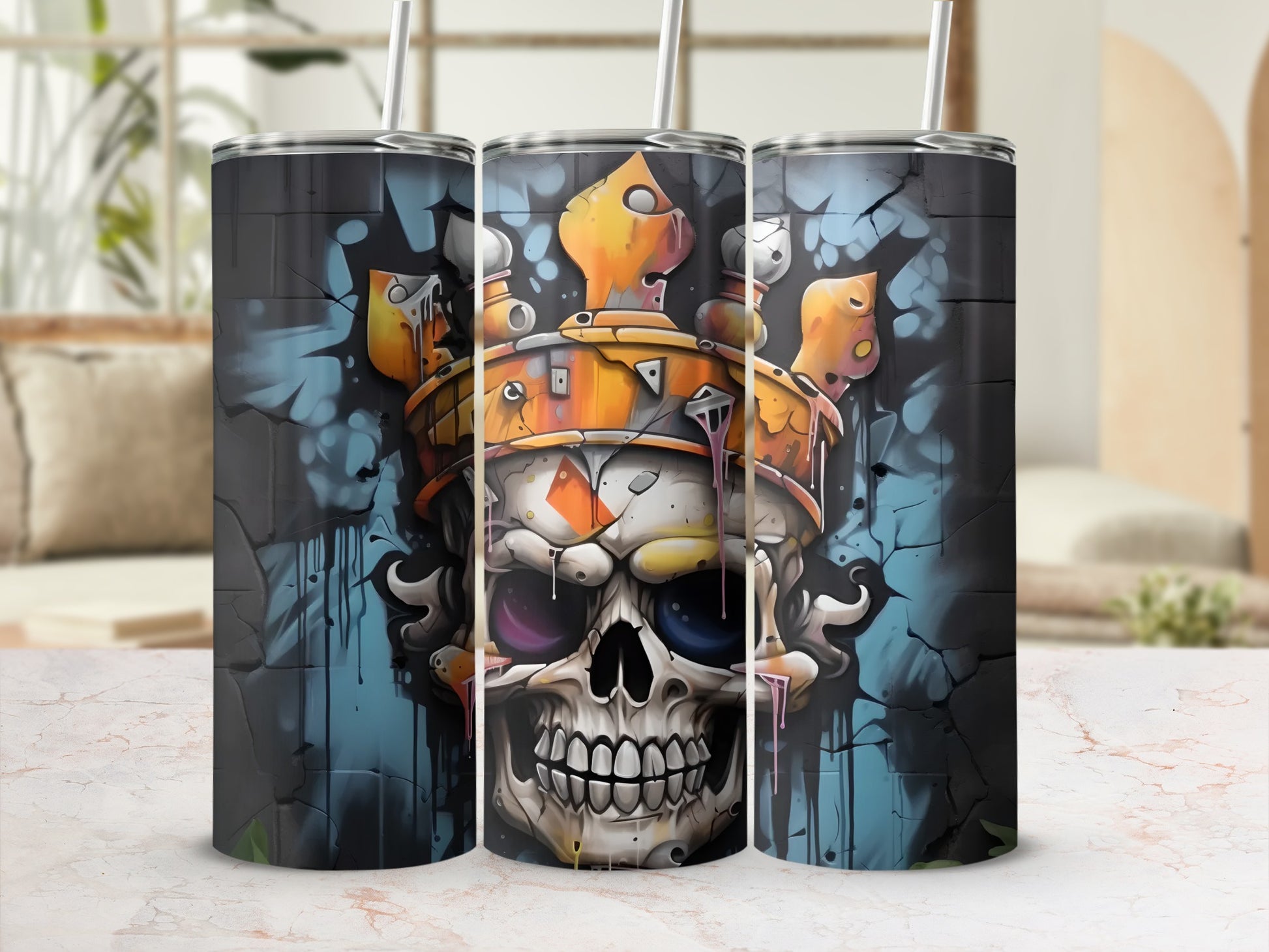 Tumbler with a crowned skull graphic against a textured background.
