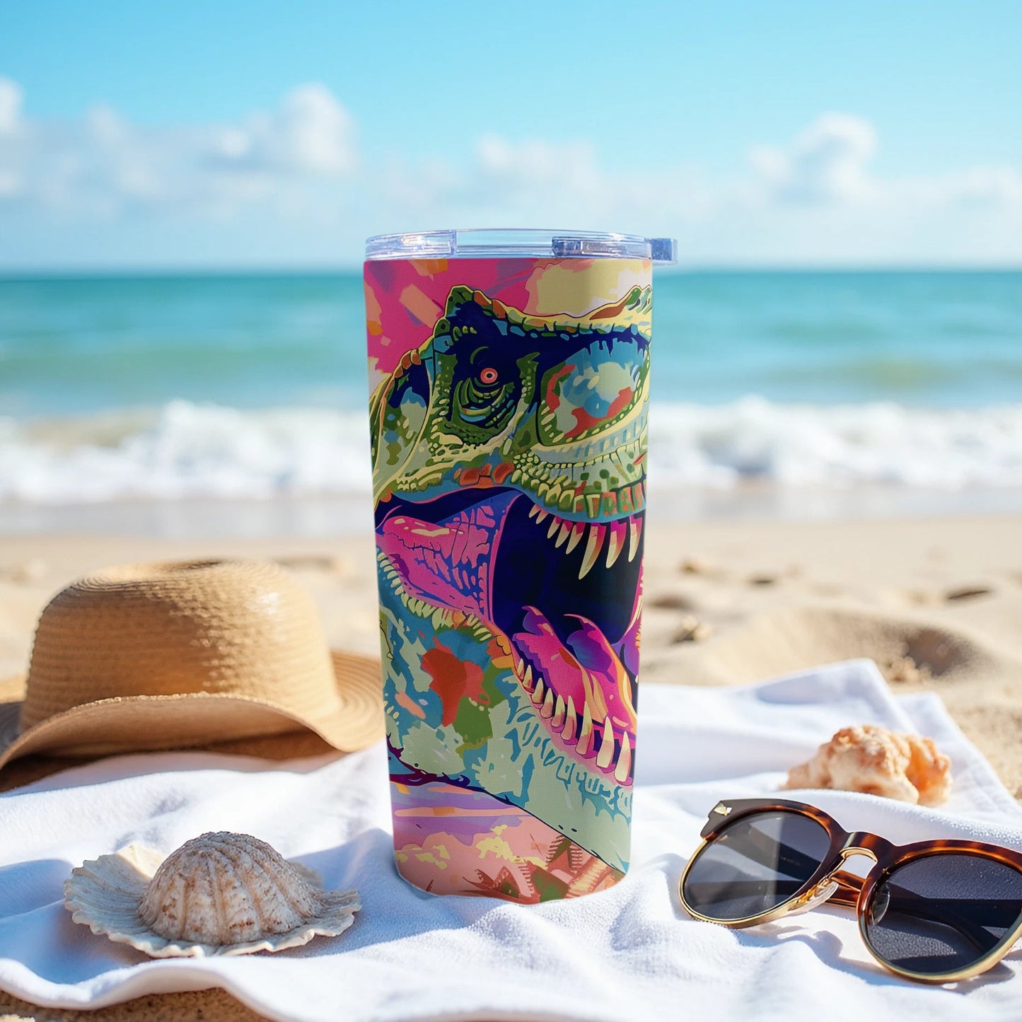 Colorful Dinosaur Pop Art Travel Tumbler Beverage product type
Dinosaur Tumbler, T Rex Mug, Pop Art Drinkware, Vibrant Tumbler, Colorful Design, Travel Tumbler, Insulated Mug, Beach Essentials, Summer Drink, Unique Gift, Prehistoric Art, Roaring Dino, Abstract Design, Ocean Vibe, Beverage Holder, Fun Tumbler, Wildlife Art, Tropical Style, Hydration Bottle, Bold Graphics