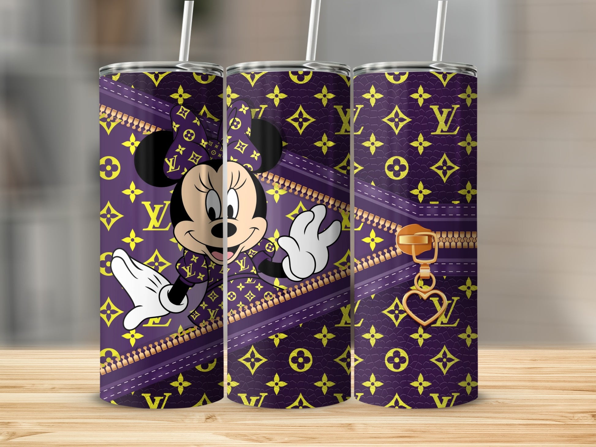 Minnie Mouse on purple tumbler with LV pattern and zipper detail.
