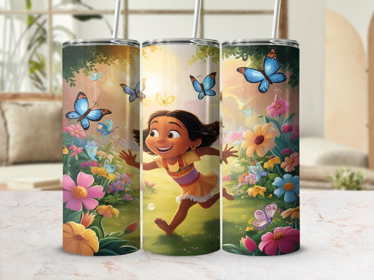 Cartoon girl running through a field of butterflies and flowers.