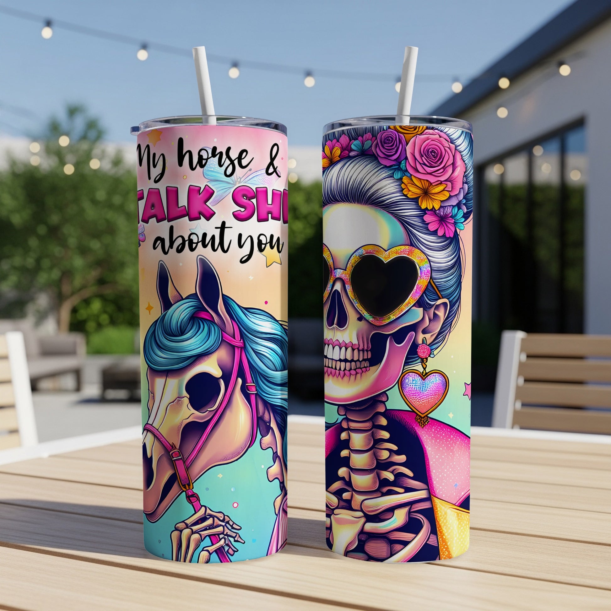 Two tumblers, one with a skeleton horse, the other with a skeleton woman.
