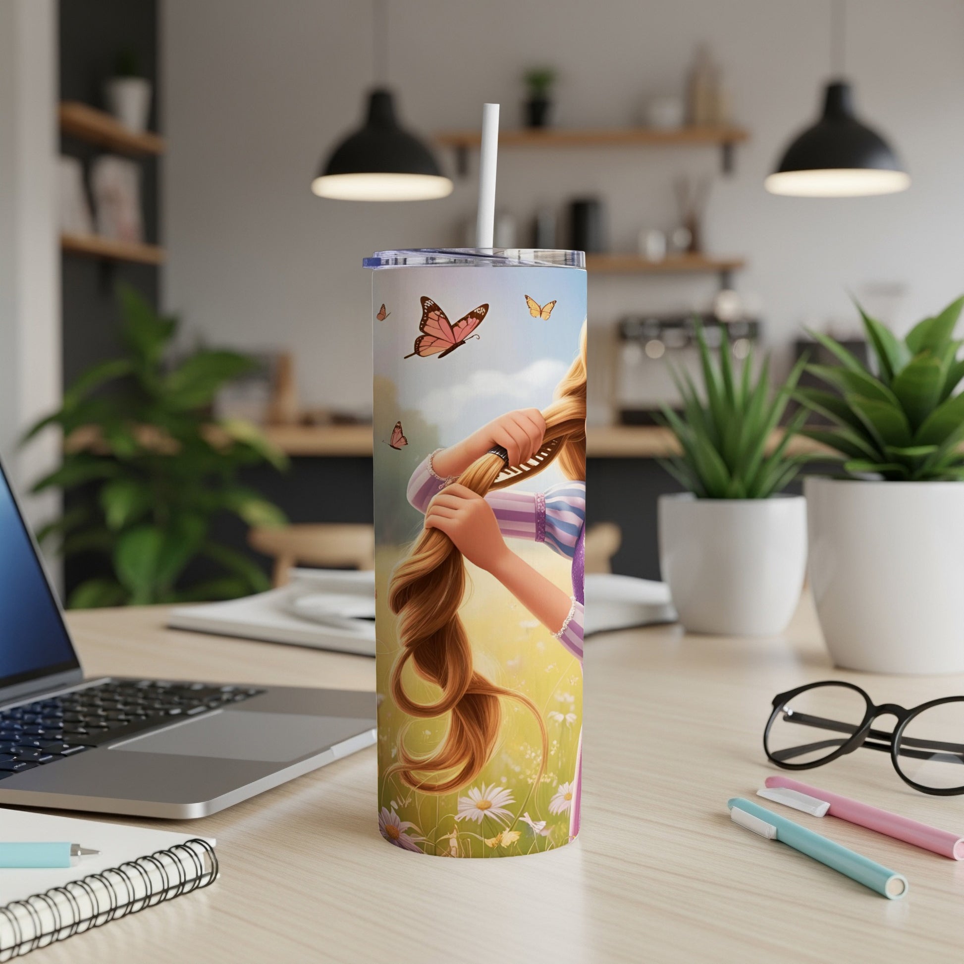 Rapunzel with long blonde hair and butterflies on a tumbler.