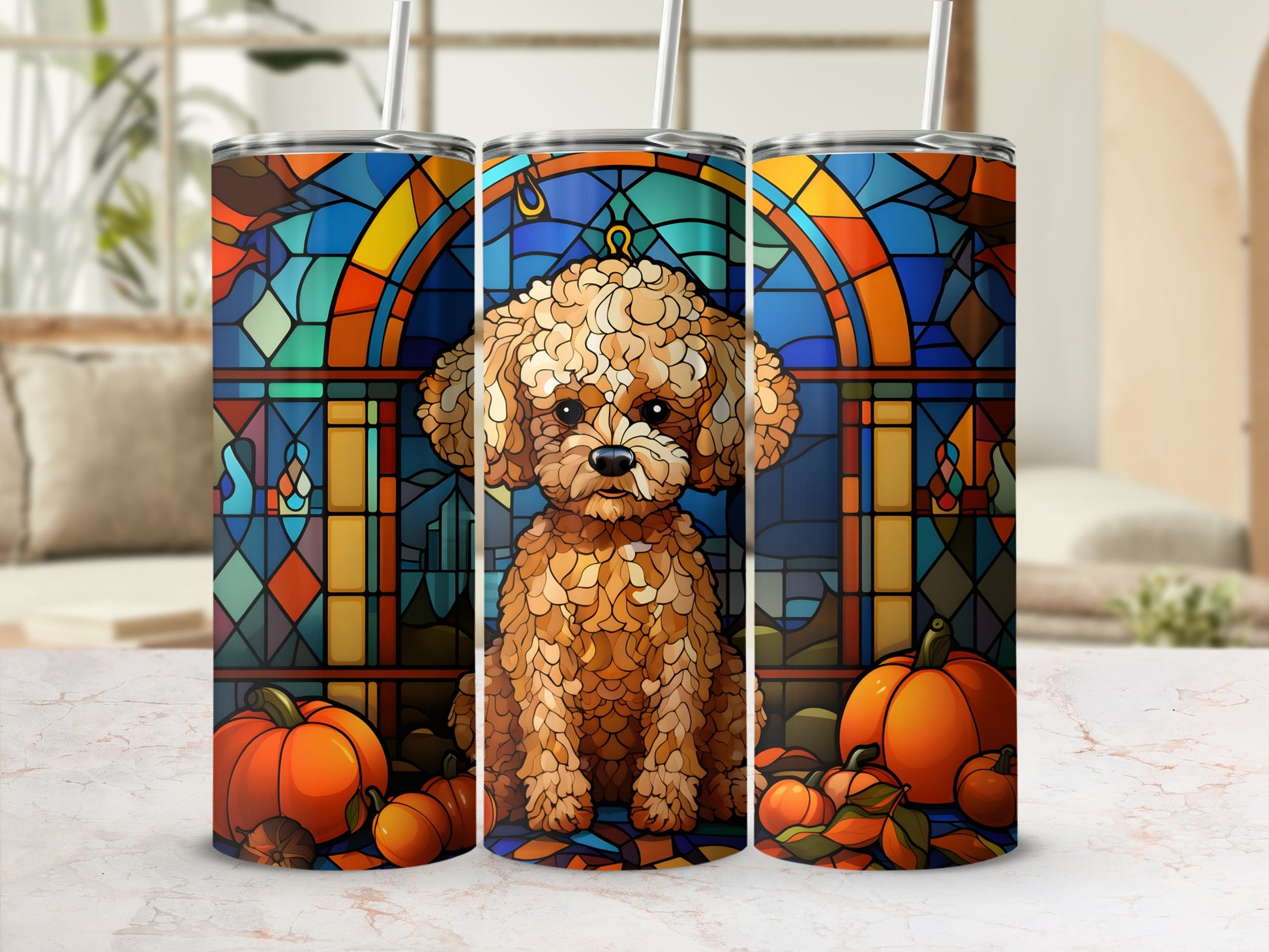 Three tumblers featuring a poodle against a stained-glass and pumpkin design.