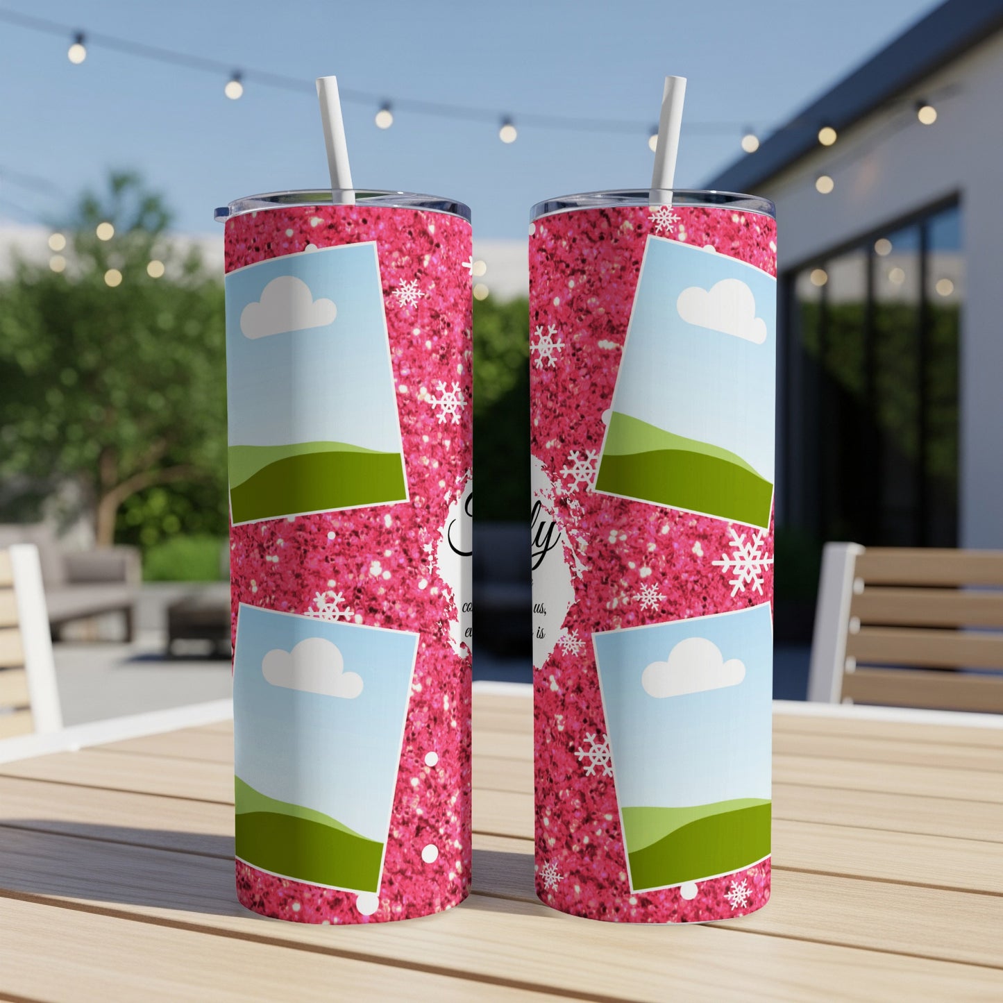 Pink glitter tumblers with snowflake and photo frame design.