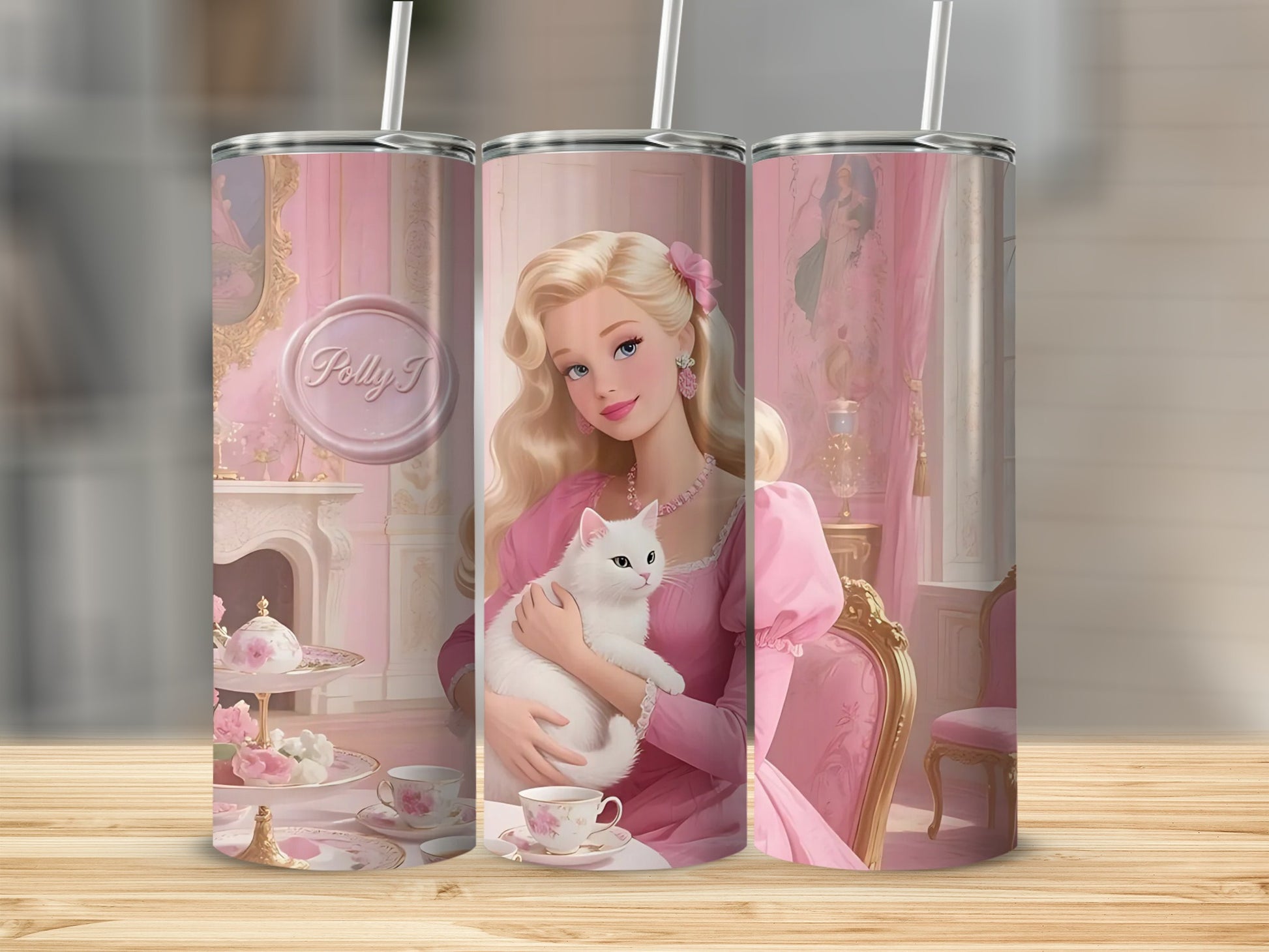 Elegant Princess with Cat Illustration Tumbler Flask