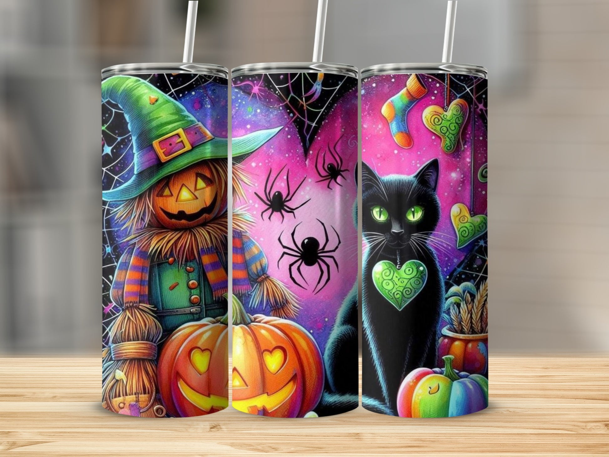 Halloween tumblers feature a scarecrow, jack-o'-lantern, and black cat with spooky designs.