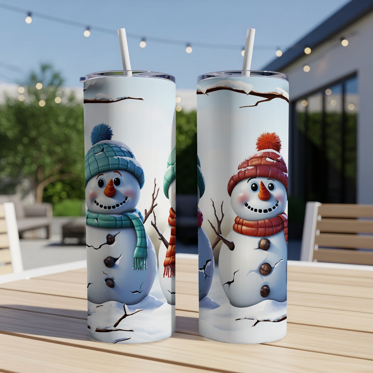 Two snowmen wearing winter hats and scarves on a wooden table.