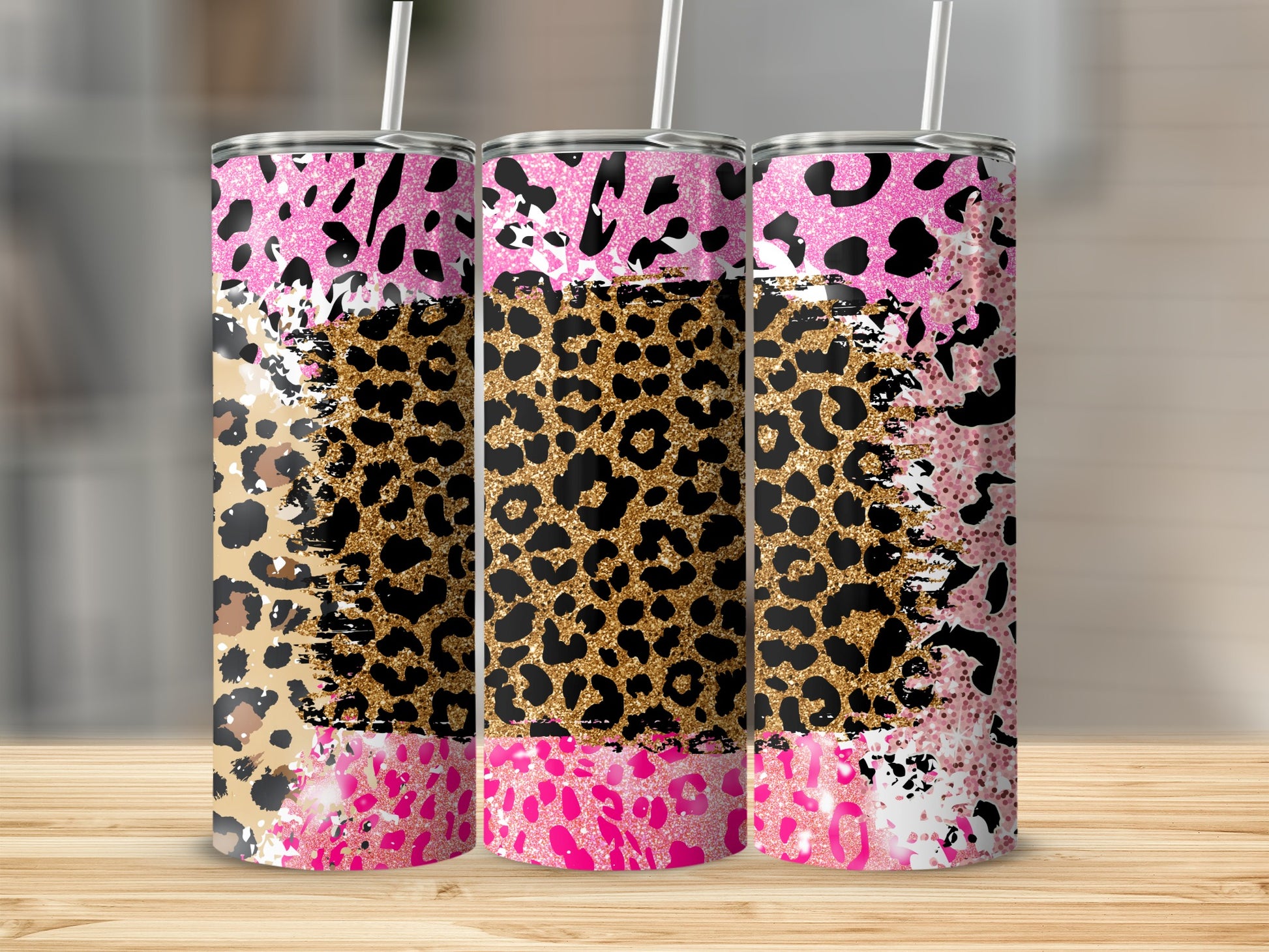 Glitter Neon Pink Leopard Print Skinny Tumbler