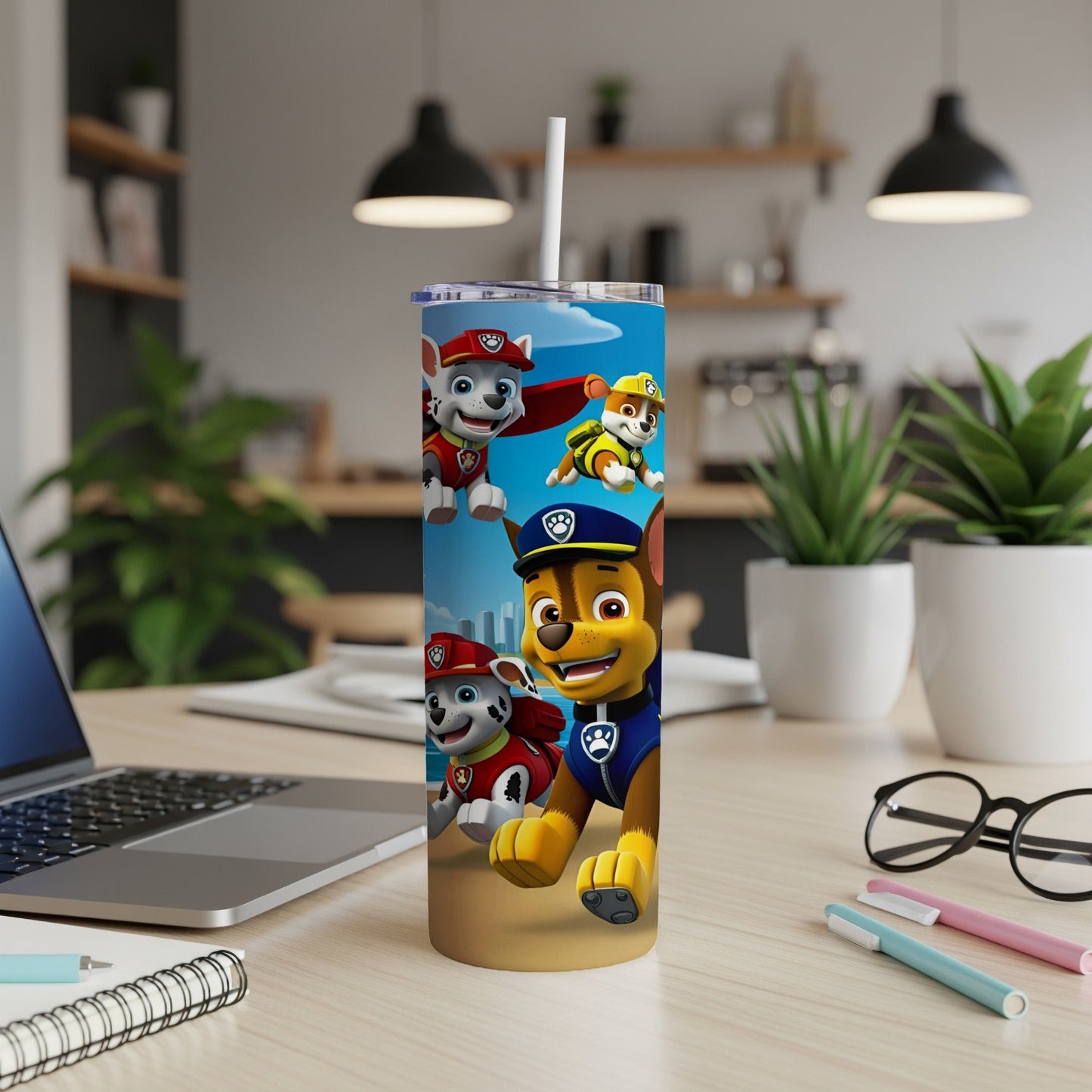 Paw Patrol characters Chase, Marshall, and Ryder on a tumbler.