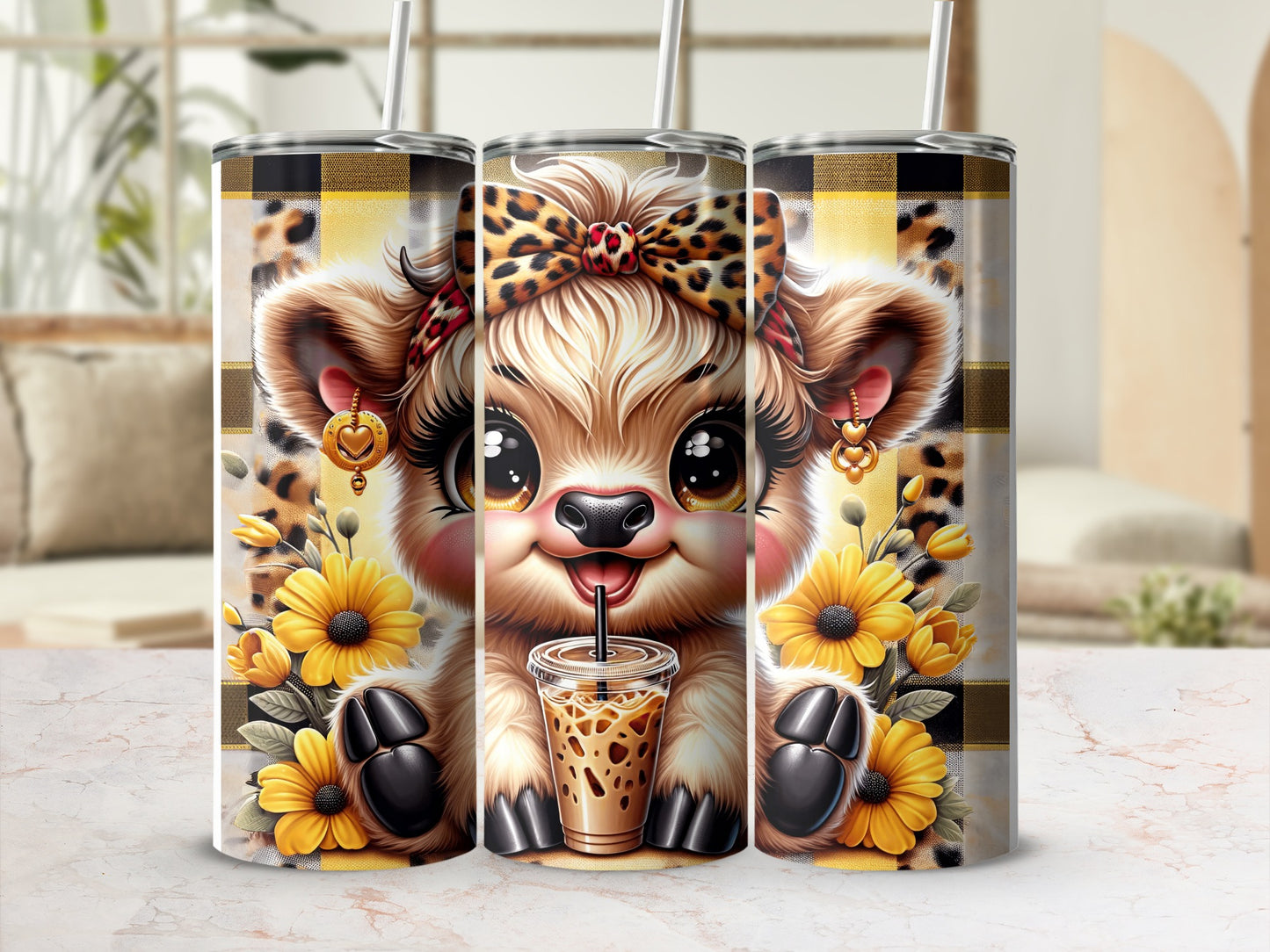 Cute cartoon bear holding iced coffee with sunflowers and plaid background.