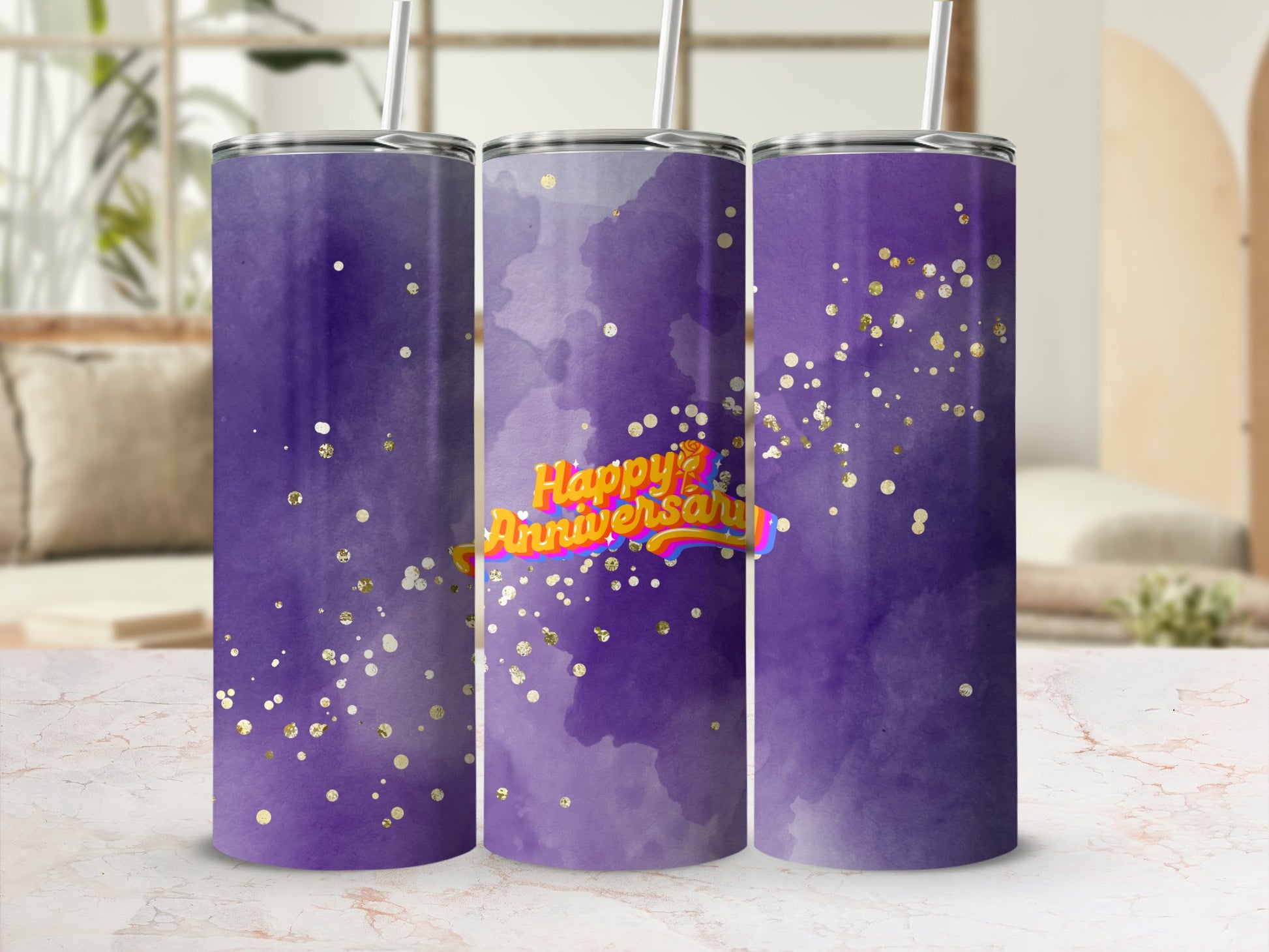 Three purple watercolor tumblers with "Happy Anniversary" text and gold glitter.