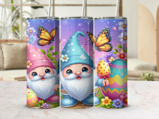 Gnomes with butterflies and Easter eggs on a purple background.