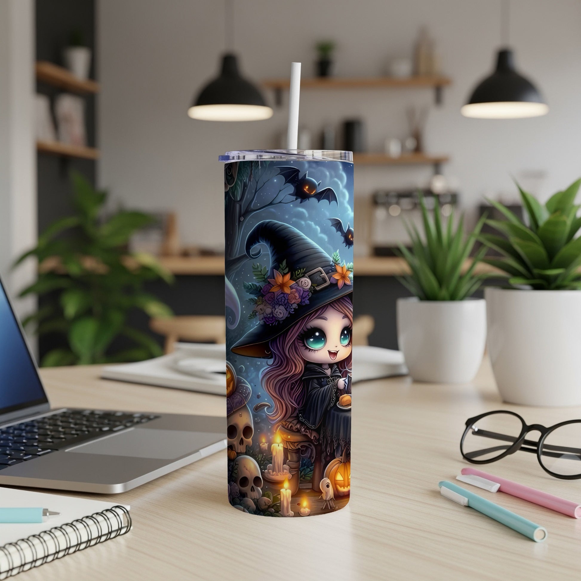 Halloween tumbler with cute witch, bats, skulls, and pumpkins in a starry night scene.
