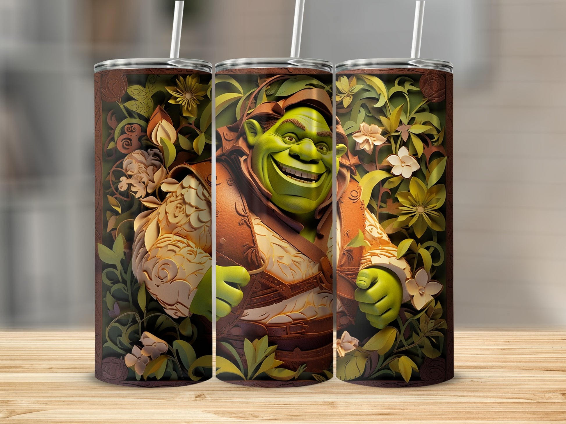 Shrek Themed Travel Mug With Floral Design