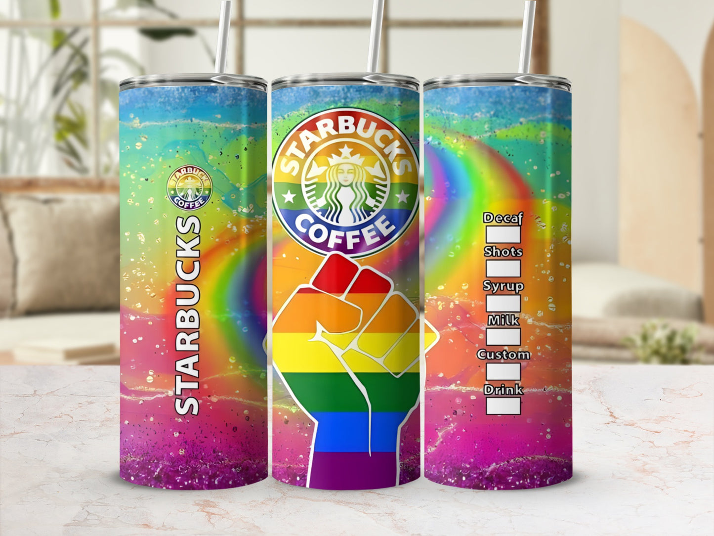 Starbucks tumbler with rainbow fist and drink customization options.