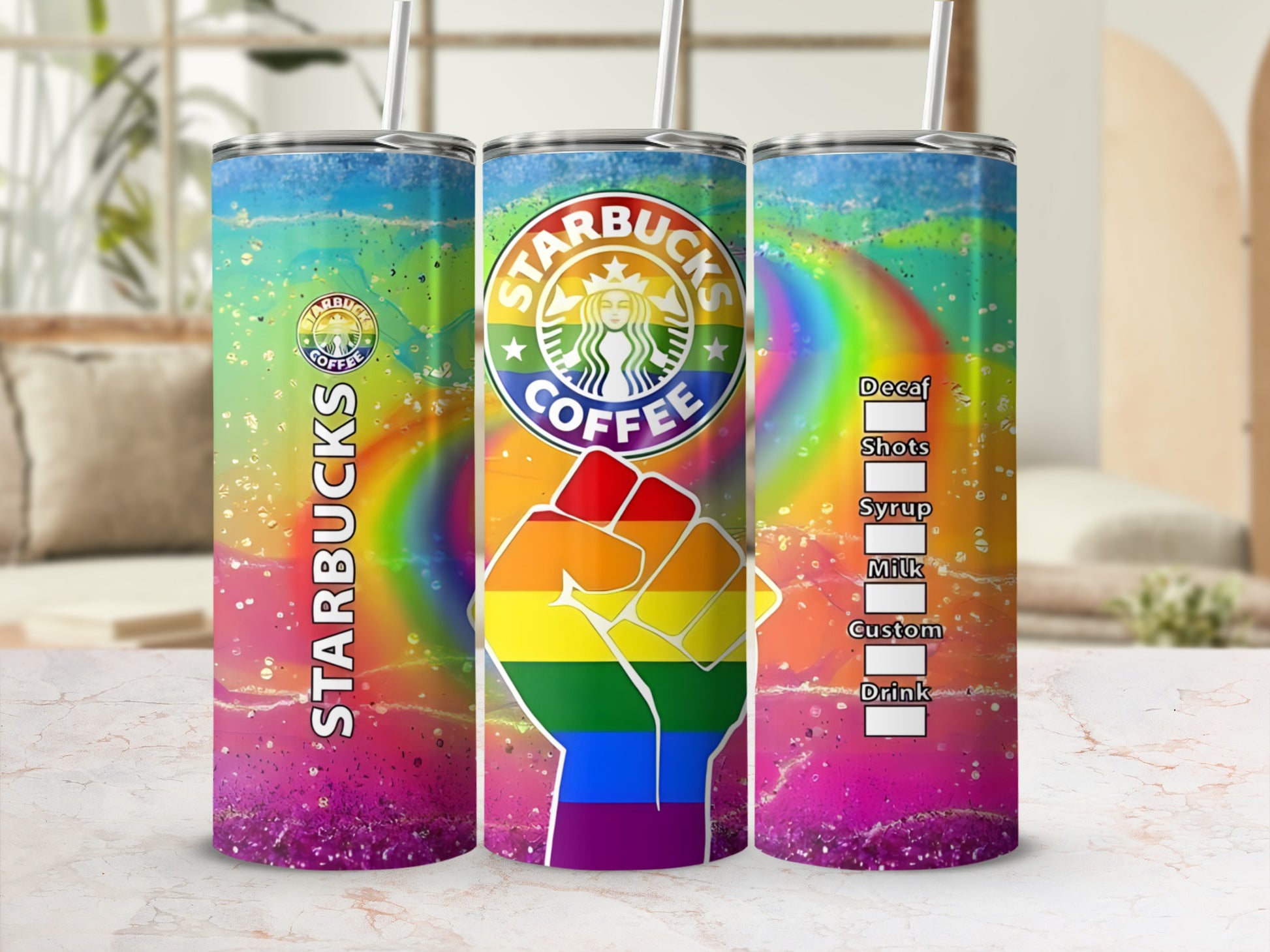 Starbucks tumbler with rainbow fist and drink customization options.
