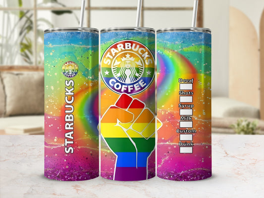 Starbucks tumbler with rainbow fist and drink customization options.
