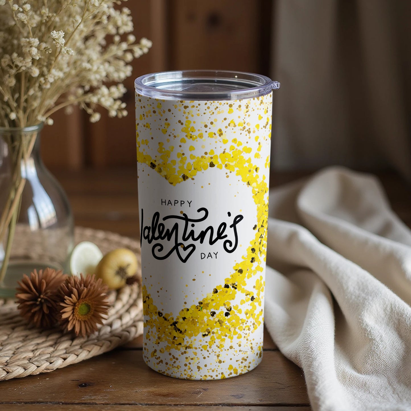 Happy Valentines Day Yellow Heart Speckle Tumbler