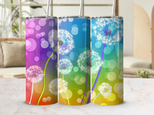 Three tumblers with dandelion and bokeh light designs in gradient colors.