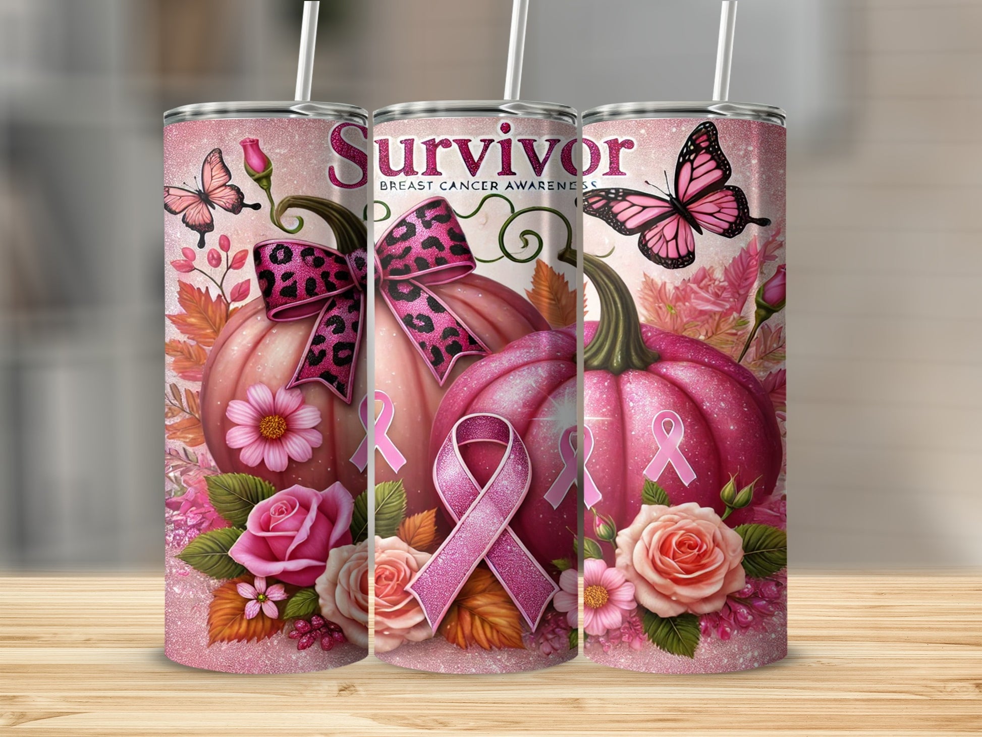 Pink survivor tumbler with pumpkins, roses, and butterflies.