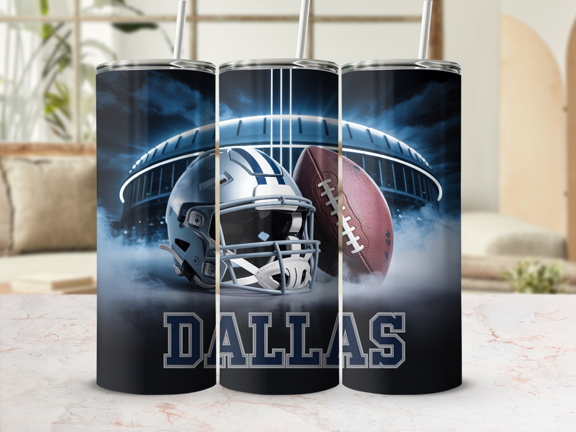 Dallas Cowboys football helmet and ball with stadium background.
