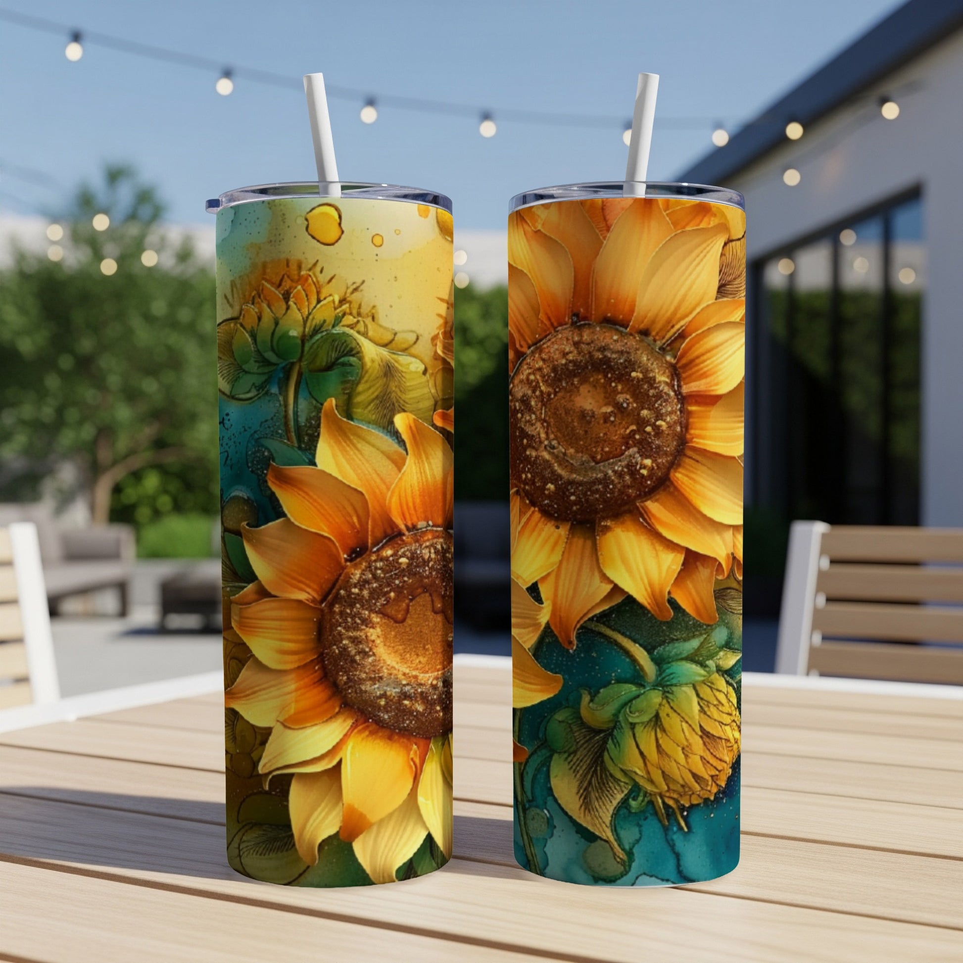 Two tall tumblers with a watercolor sunflower design sit on a table.