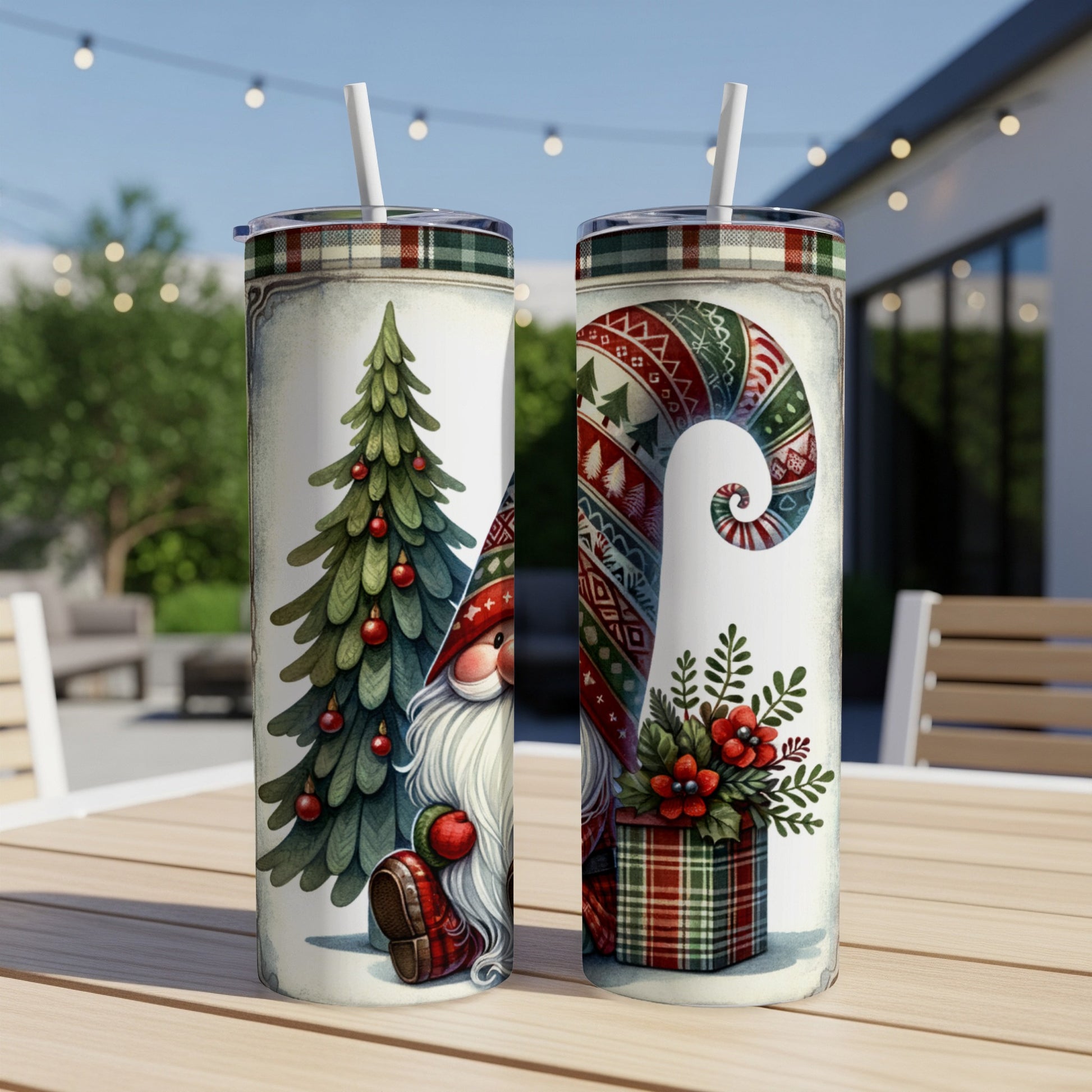 Two Christmas gnome tumblers on a table.