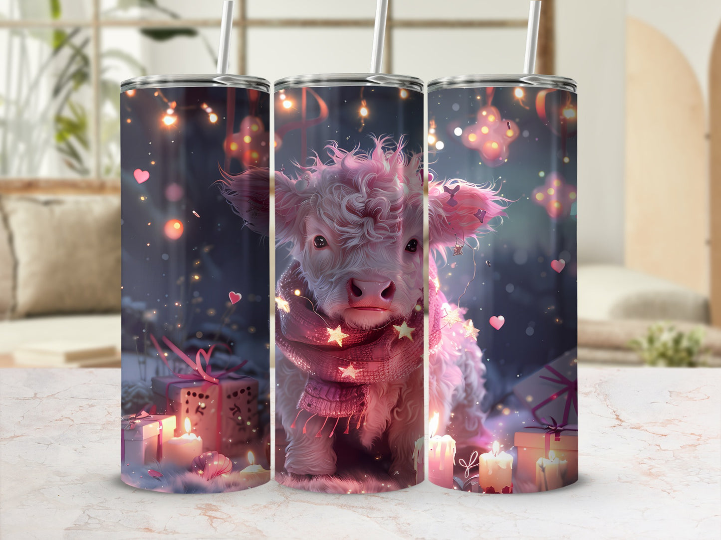 Fluffy pink cow in scarf with bokeh lights and gift boxes.