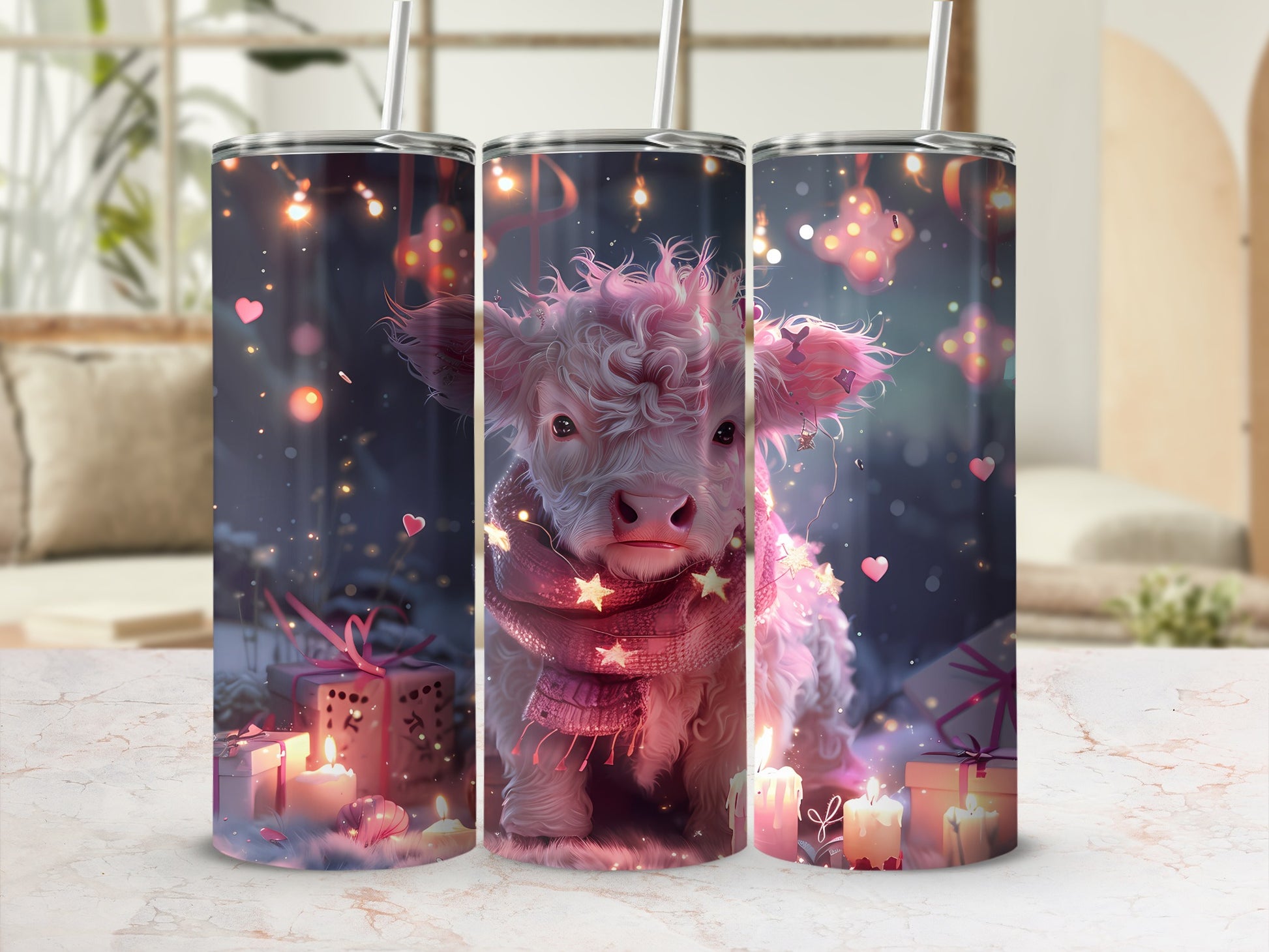 Fluffy pink cow in scarf with bokeh lights and gift boxes.