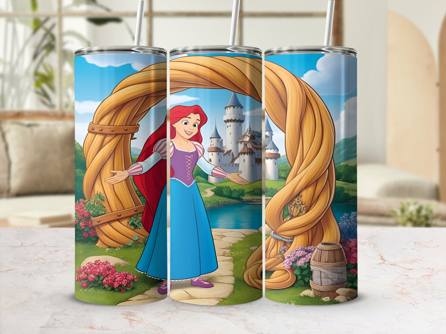 Ariel with a castle and archway, pink flowers, and a barrel.